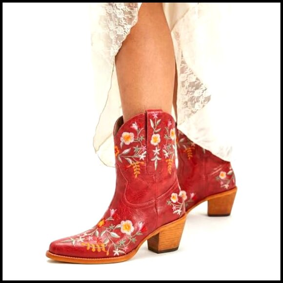 Women's Floral Embroidered Ankle Cowboy Boots Square Toe Chunky Heel - Picture 2 of 7
